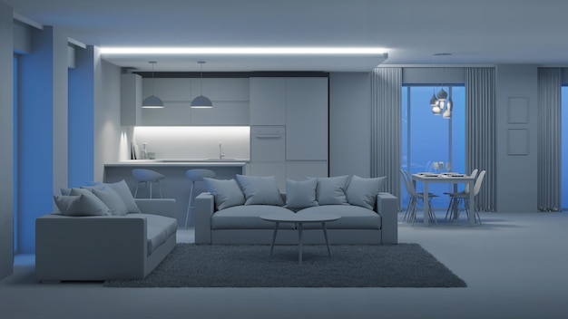 Modern house interior. Evening lighting. Night. 3D rendering.