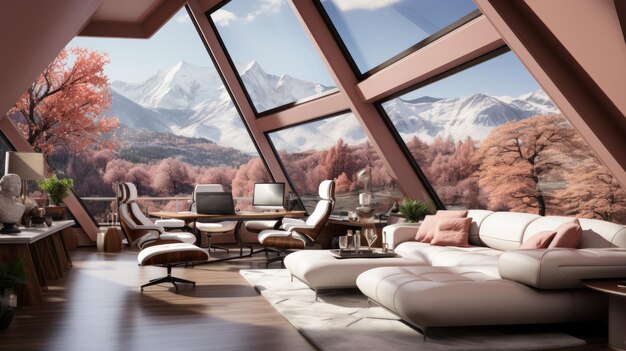 사진 큰 창문과 산의 전망을 가진 현대적인 집 내부 거실