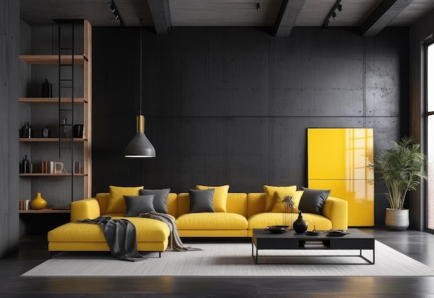 현대적인 집 인테리어 로프트 스타일 검은 콘크리트 벽과 노란색 요소
