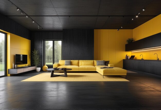 Modern house interior Loft style Black concrete wall and yellow elements