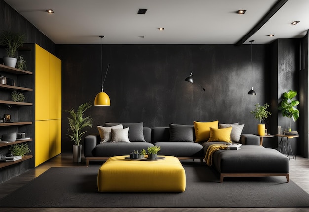 Modern house interior Loft style Black concrete wall and yellow elements