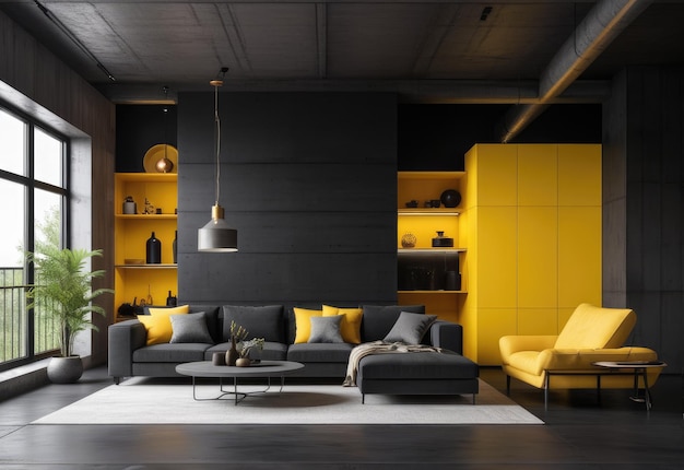 Modern house interior Loft style Black concrete wall and yellow elements