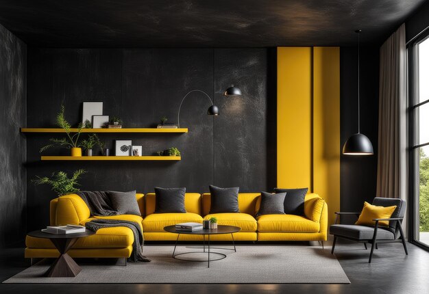 Modern house interior Loft style Black concrete wall and yellow elements