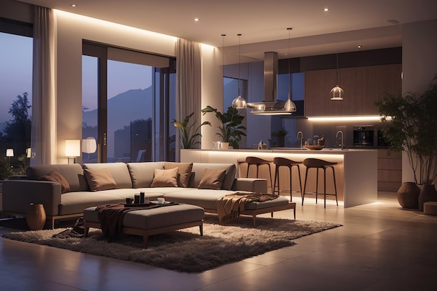 Foto illuminazione notturna interna di casa moderna rendering 3d