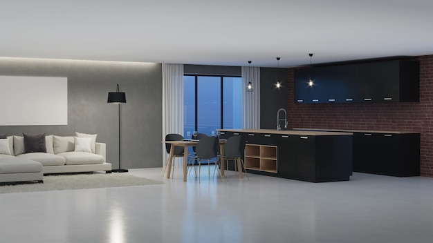 Modern house interior. Night. Evening lighting. 3D rendering.