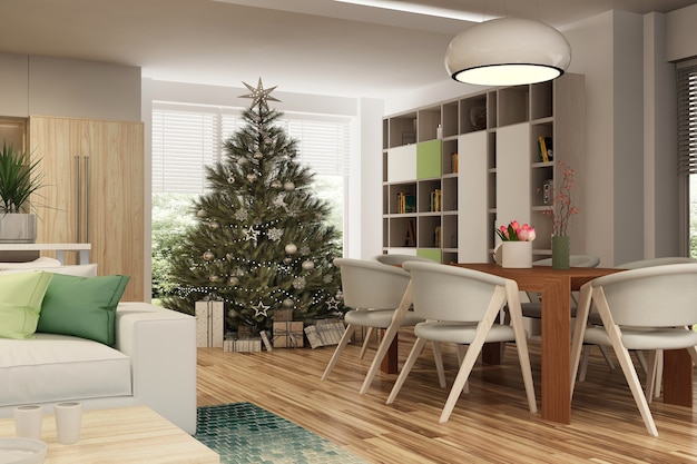 Modern house interior with christmas decoration and new tear tree