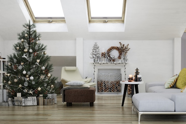 Modern house interior with christmas decoration and new year tree