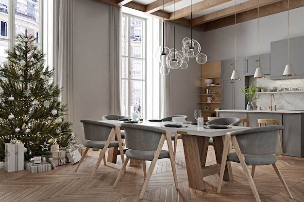 Modern house interior with christmas decoration and new year tree