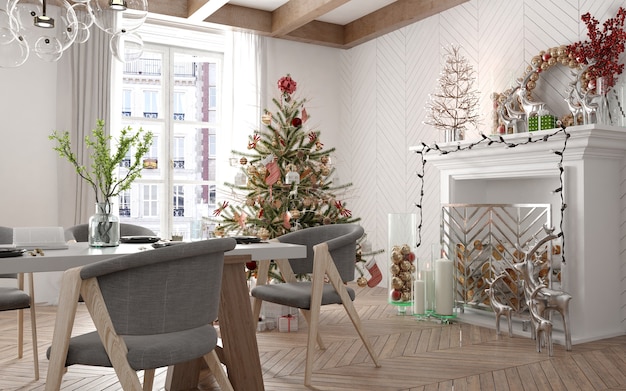 Интерьер современного дома с рождественскими украшениями и новогодней елкой