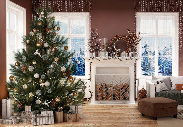 Modern house interior with new year tree and christmas decoration