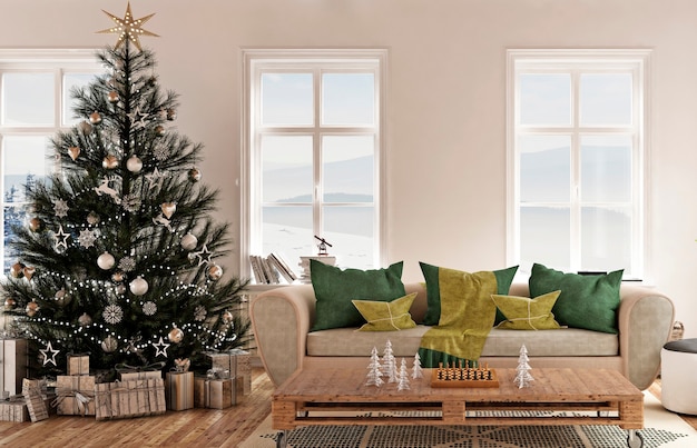 Modern house interior with new year tree and christmas decoration