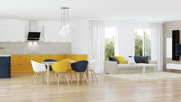 Modern house interior with yellow kitchen. Design project. 3D rendering.
