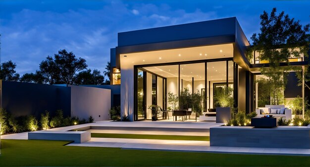 A modern house lit up at night design