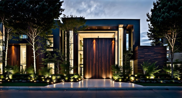 A modern house lit up at night