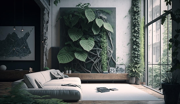 Modern house living room decor plants interior design AI Generated image