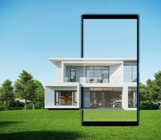 Foto casa moderna in esposizione di telefono cellulareconcetto per la pubblicità immobiliare di proprietà immobiliare