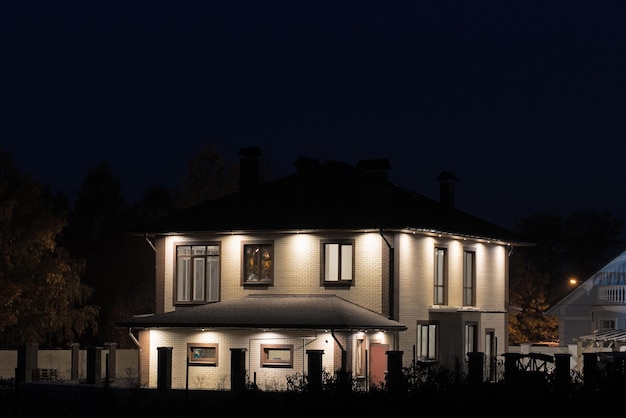 Modern house at night with lights