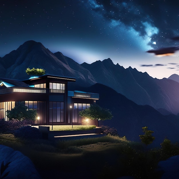 Modern house at night with mountains in the background generative ai