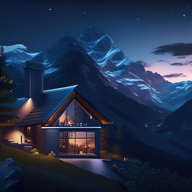 Modern house at night with mountains in the background generative ai