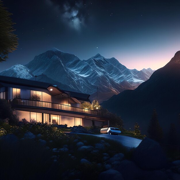 Modern house at night with mountains in the background generative ai