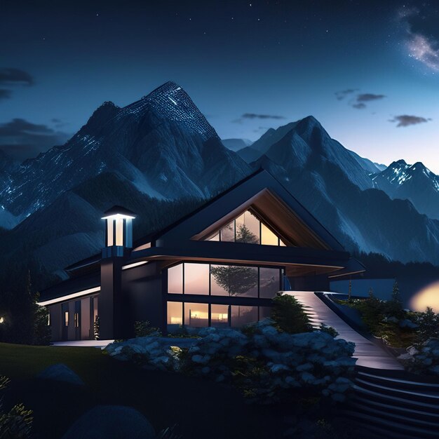 Modern house at night with mountains in the background generative ai
