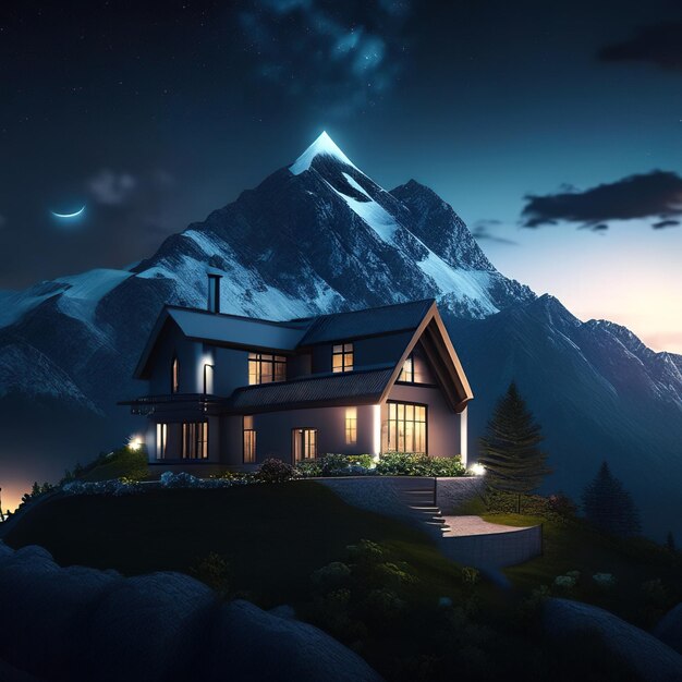 Modern house at night with mountains in the background generative ai