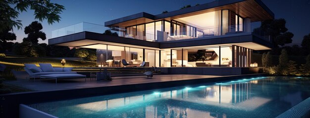 Photo the modern house in a nighttime setting the exterior with well placed lights illuminating the facade while windows reveal the cozy softly lit interior spaces