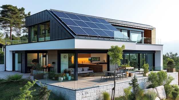 Photo modern house roof with solar panels installation