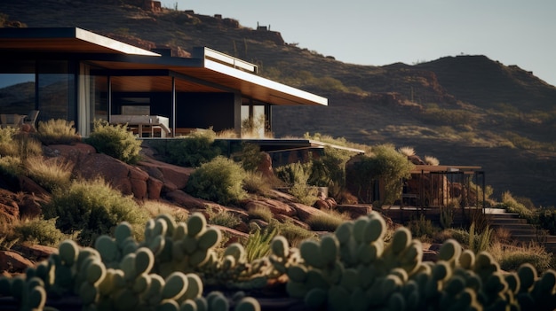 Photo modern house surrounded by cacti on cliffs edge