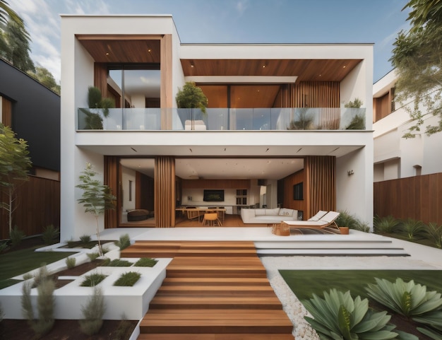 Современный дизайн террасы дома, оборудованный стеклянными стенами, диванами и садом