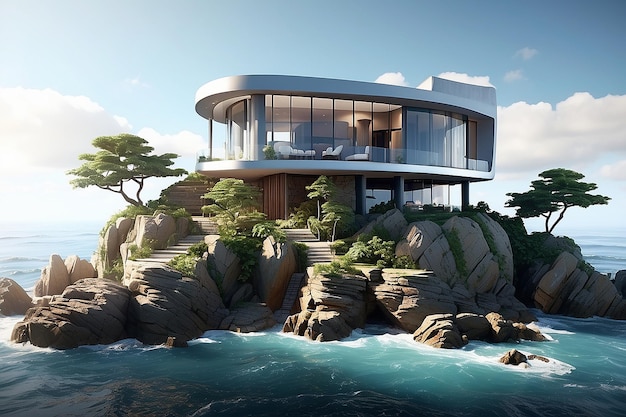 岩の頂上にある近代的な家 建築のデザインと波