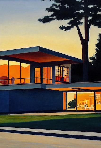 Modern house vintage retro illustration luxury art