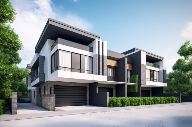 A modern house with a black door and white trim