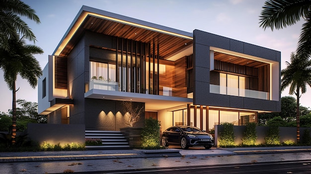 A modern house with a car parked in front of it