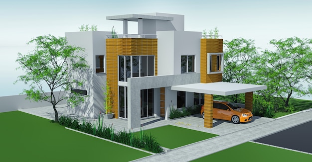 Modern house with carport lawn with mini garden. 