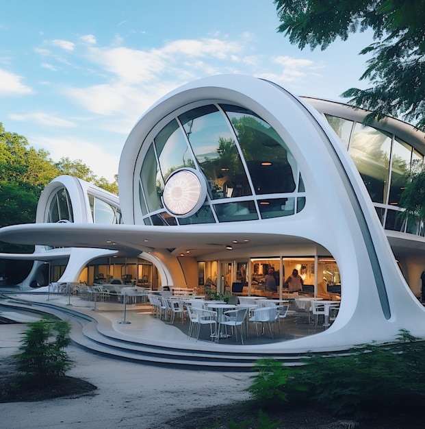 a modern house with a clock on the top of it