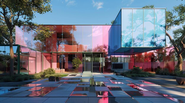 Photo a modern house with a colorful glass facade that reflects the surrounding trees and sky