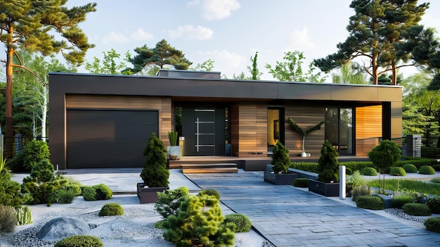 A modern house with a driveway and trees