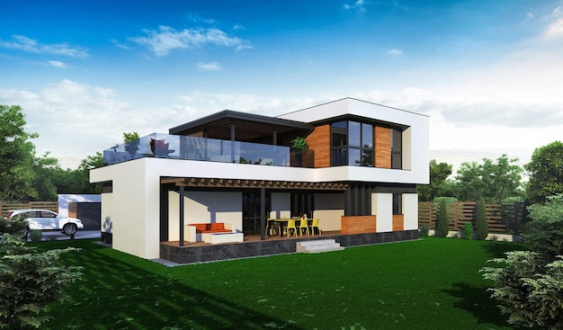 Modern house with a flat roof. 3D visualization. House with a terrace and panoramic windows. A priva