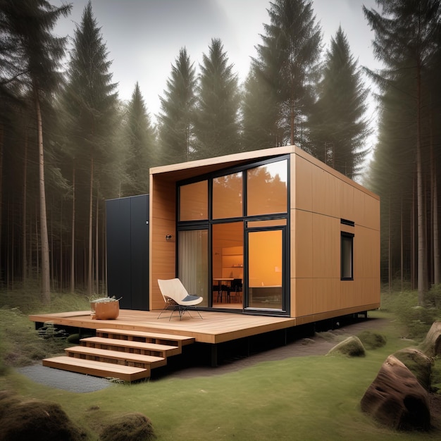 modern house with forest and forestmodern luxury home with wooden cabin in the forest 3 d rendering