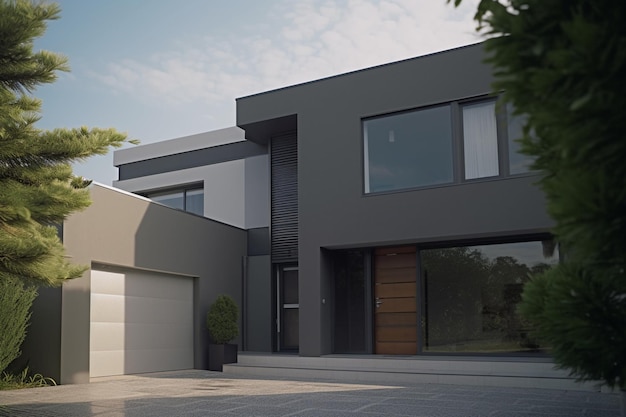 A modern house with a garage door and a garage door.