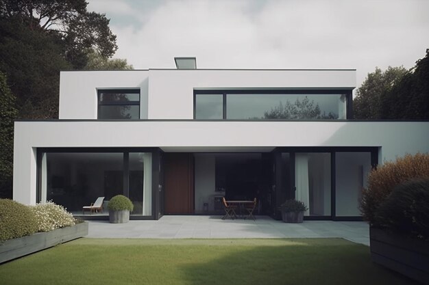 A modern house with a garden in the foreground and a wooden deck.