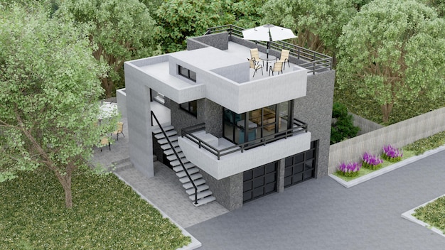 정원과 차고가 있는 현대적인 집. 3d 렌더링.