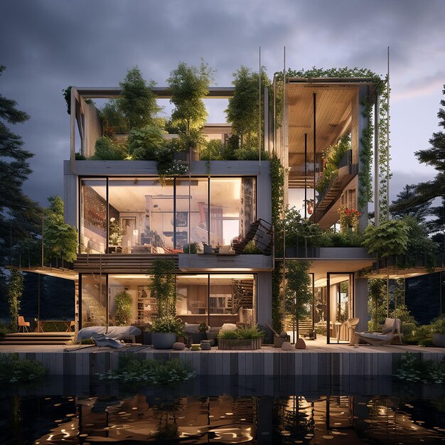 Современный дом с зелеными растениями, созданными искусственным интеллектом