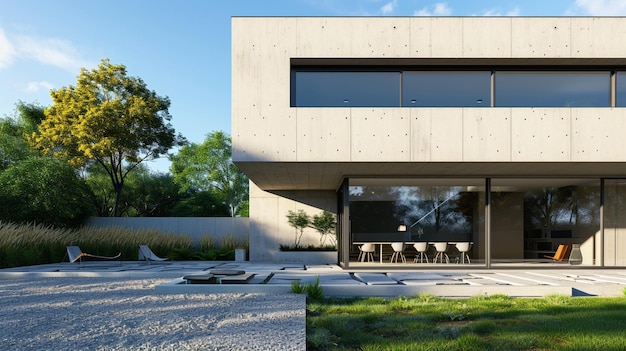 큰 콘크리트 벽과 창문이 있는 현대적인 집 뒷마당은 자갈로 된 돌입니다.