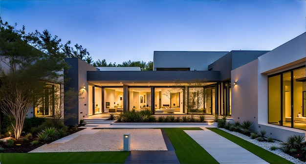 A modern house with a large front yard