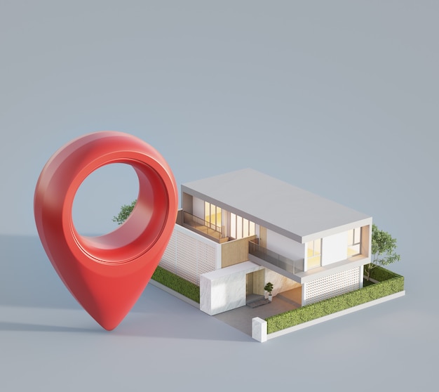 Photo modern house with location pin icon on white background in property investment concept