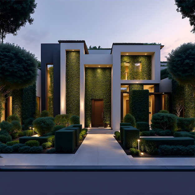 A modern house with a lot of greenery on the front