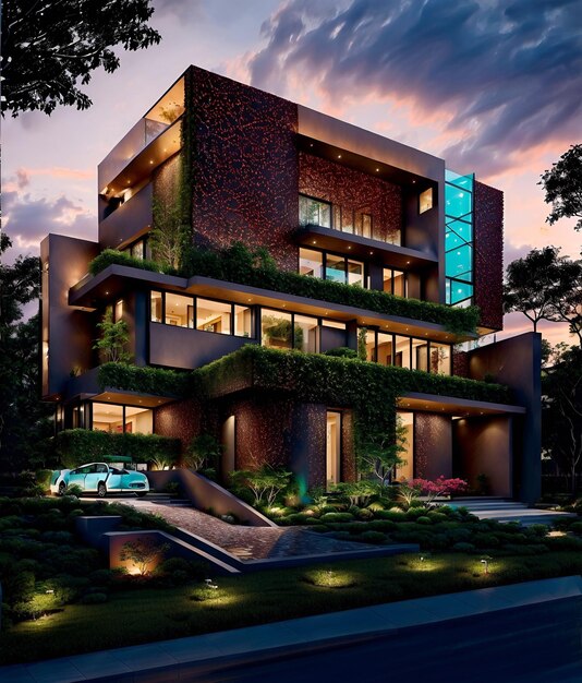 A modern house with a lot of greenery on the roof