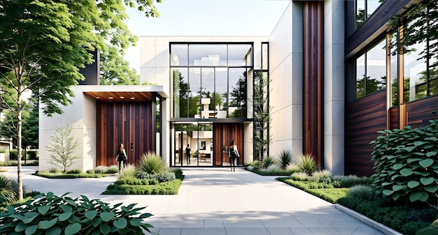 A modern house with a lot of trees and bushes